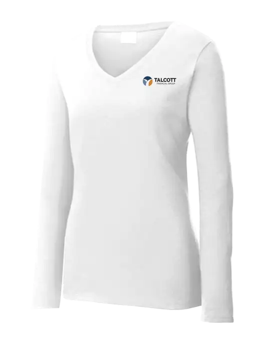 Womens  V-Neck Ring Spun White 4.5 oz Long Sleeve T-Shirt w/Talcott Logo