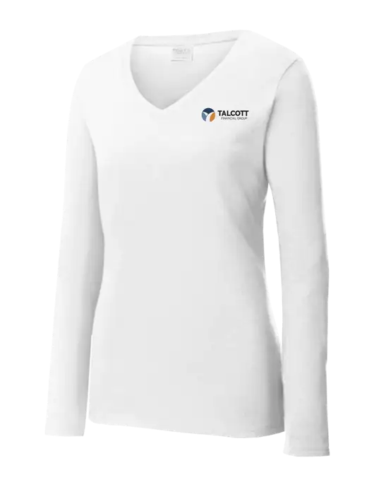 Womens  V-Neck Ring Spun White 4.5 oz Long Sleeve T-Shirt w/Talcott Logo