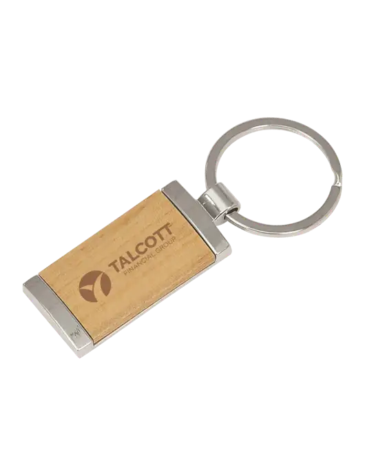 Wood & Silver Rectangle Keychain w/Talcott Logo