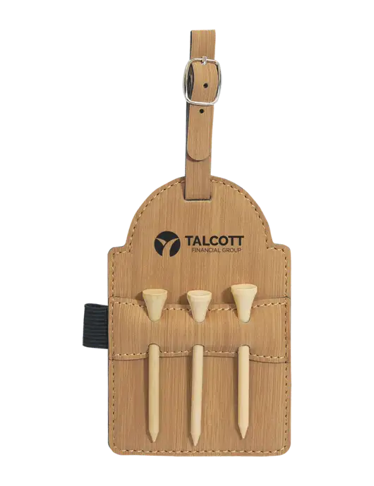 Bamboo Leatherette Golf Bag Tag with 3 Wooden Tees w/Talcott Logo