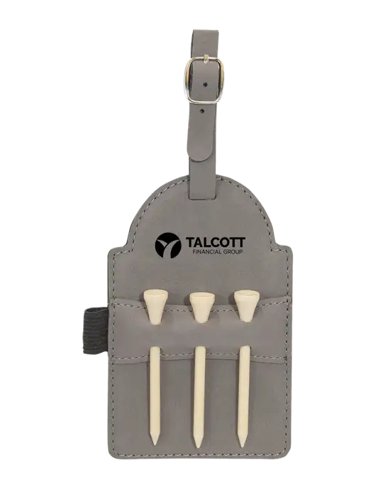 Grey Leatherette Golf Bag Tag with 3 Wooden Tees w/Talcott Logo