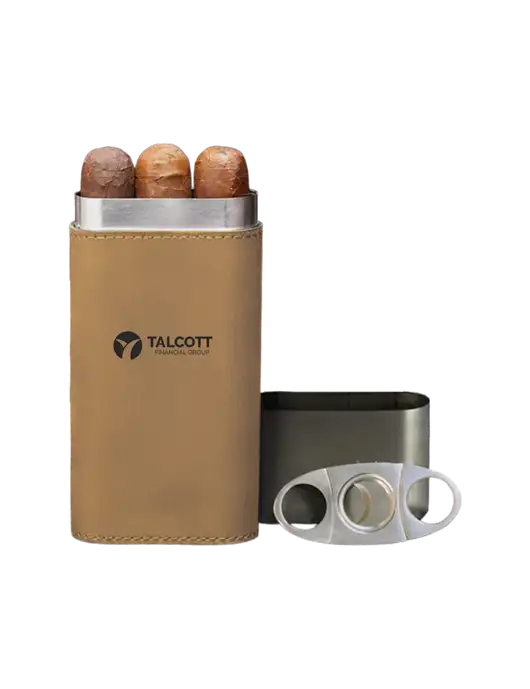 Tan Leatherette Cigar Case with Cutter w/Talcott Logo