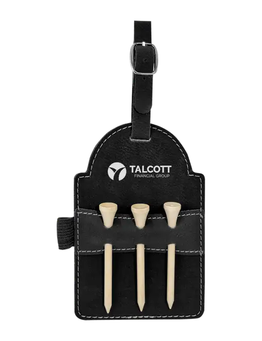 Black Leatherette Golf Bag Tag with 3 Wooden Tees w/Talcott Logo