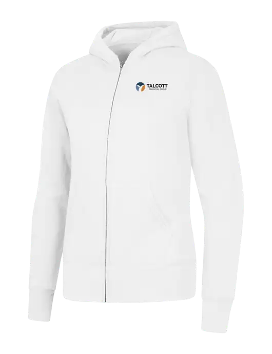 White Womens Core Fleece Full-Zip Hooded Sweatshirt w/Talcott Logo