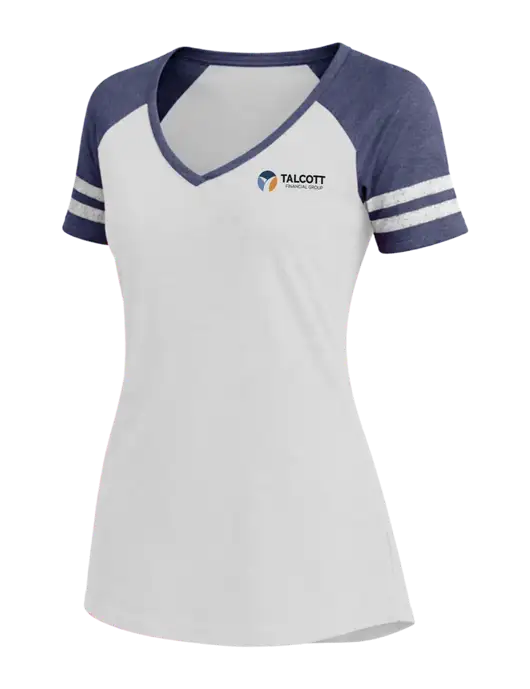 Womens White/Navy Heather V-Neck Game Tee w/Talcott Logo