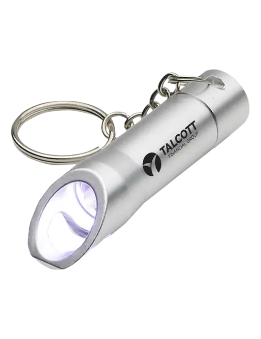 Silver Pocket LED Flashlight with Bottle Opener & Keychain w/Talcott Logo