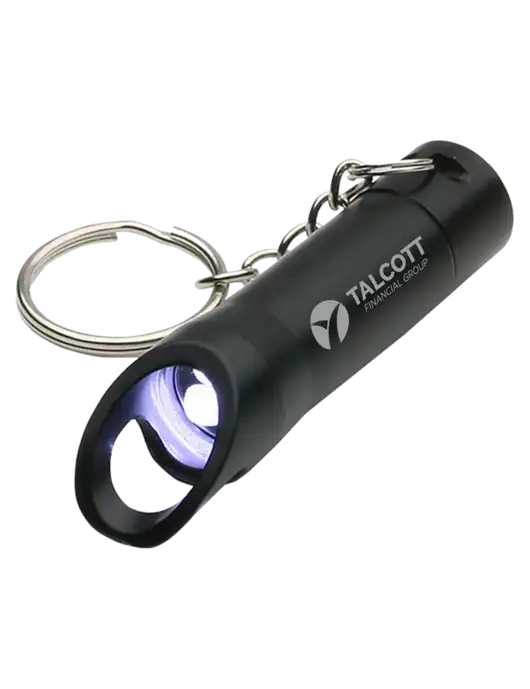 Black Pocket LED Flashlight with Bottle Opener & Keychain w/Talcott Logo