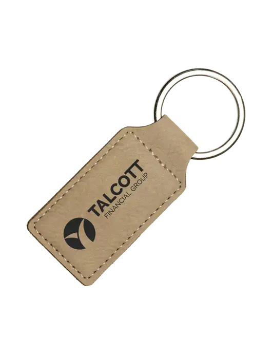 Tan Laserable Leatherette Rectangle Keychain w/Talcott Logo