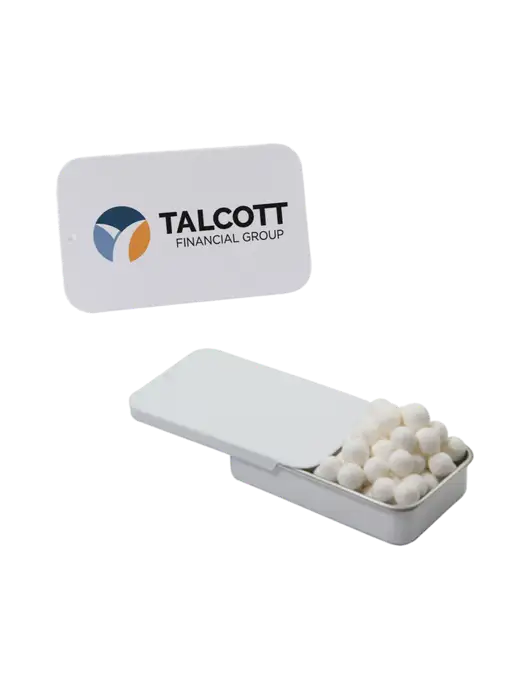 Signature Peppermints In White Slider Tin w/Talcott Logo