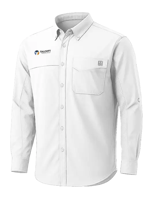HUK White Tide Point Pocket Long Sleeve Fishing Shirt w/Talcott Logo