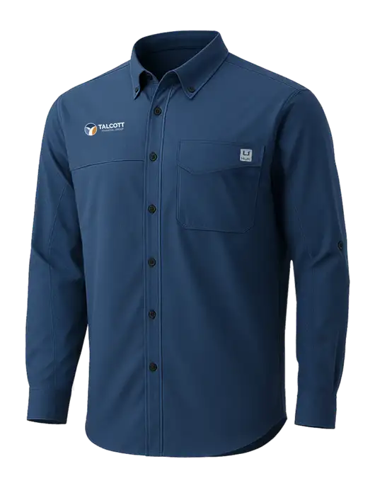 HUK Navy Tide Point Pocket Long Sleeve Fishing Shirt w/Talcott Logo