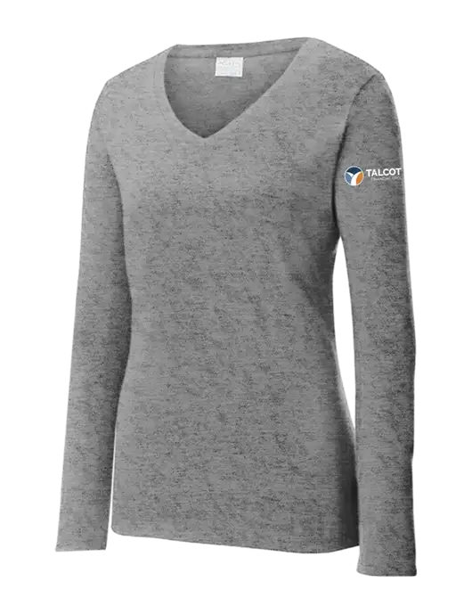 Womens  V-Neck Ring Spun Grey Heather 4.5 oz Long Sleeve T-Shirt w/Talcott Logo