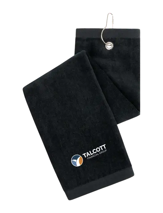 Black Tri-Fold Golf Towel with Grommet w/Talcott Logo