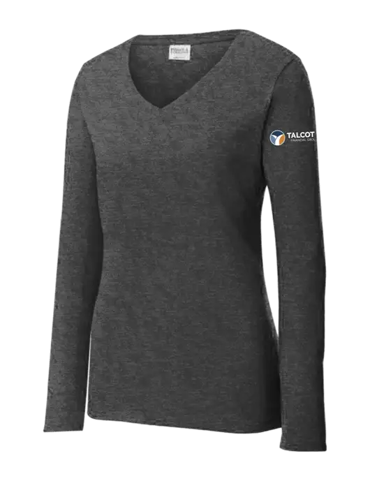 Womens  V-Neck Ring Spun Dark Heather Grey 4.5 oz Long Sleeve T-Shirt w/Talcott Logo