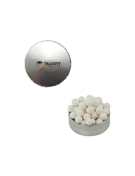 Signature Peppermints In Silver Snap Top Tin  w/Talcott Logo