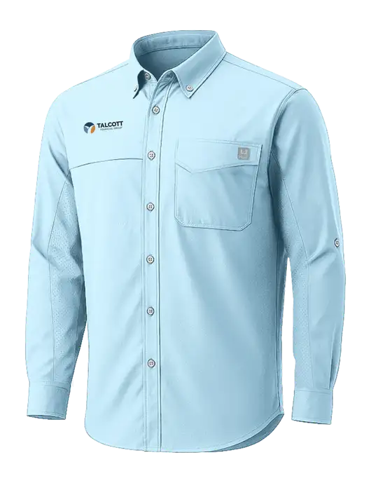 HUK Light Blue Tide Point Pocket Long Sleeve Fishing Shirt w/Talcott Logo