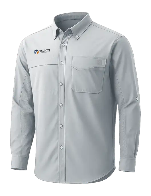 HUK Light Grey Tide Point Pocket Long Sleeve Fishing Shirt w/Talcott Logo
