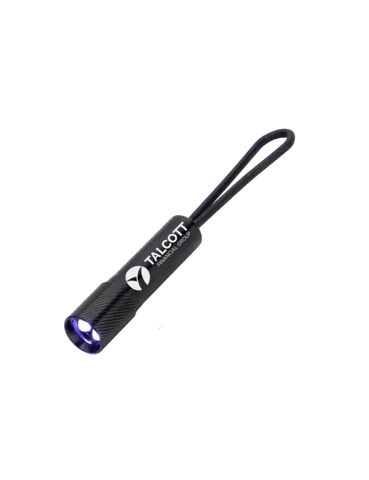 Mini Black LED Flashlight with Silicone Loop w/Talcott Logo